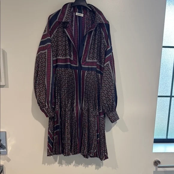 Sandro Blue and Red Pleated Long Sleeve Shirt Dress size 40 - Picture 2 of 7